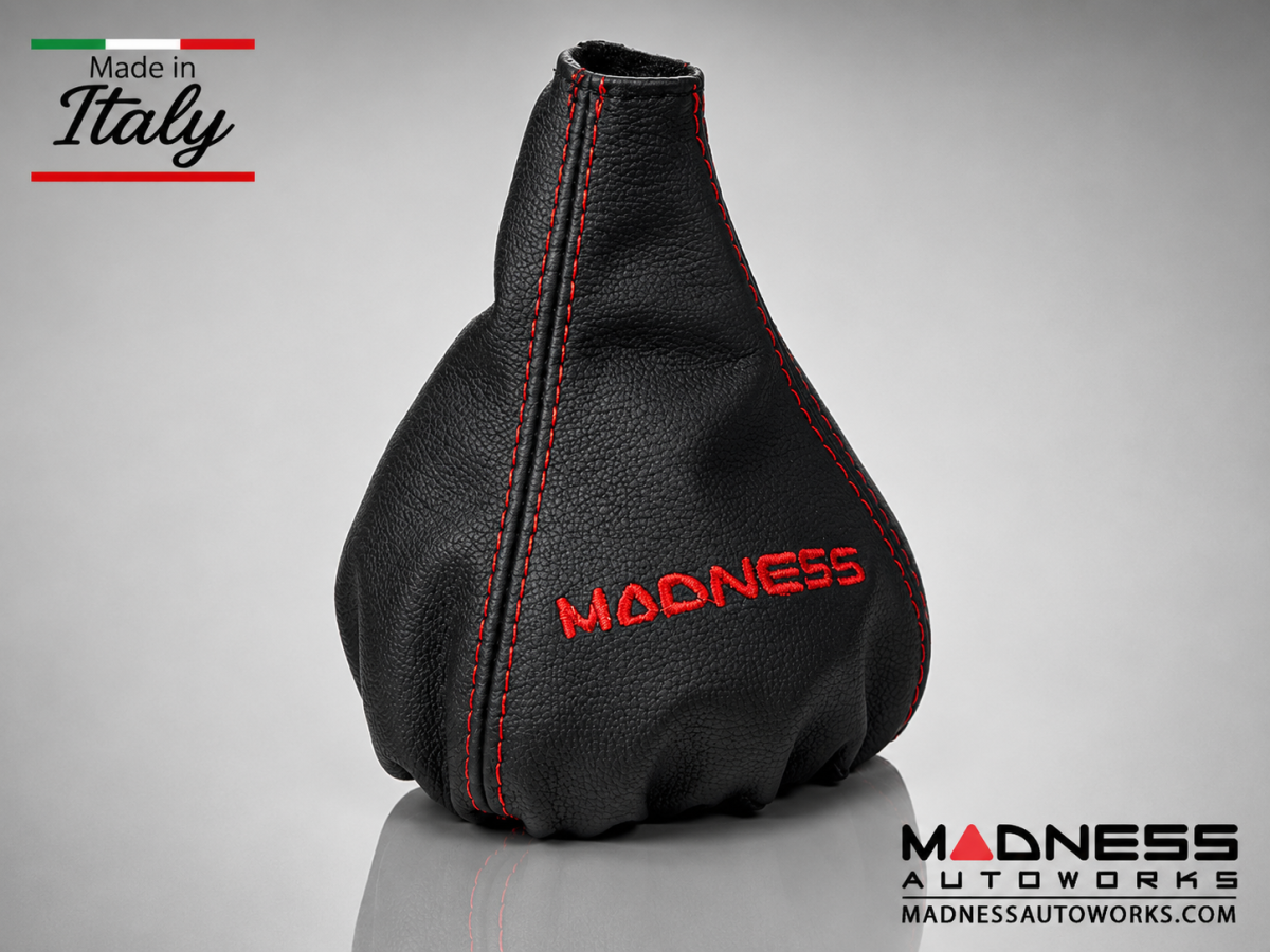 FIAT 500 Gear Shift Boot - Black Italy - Black Leather w/ Red Stitching + MADNESS Logo