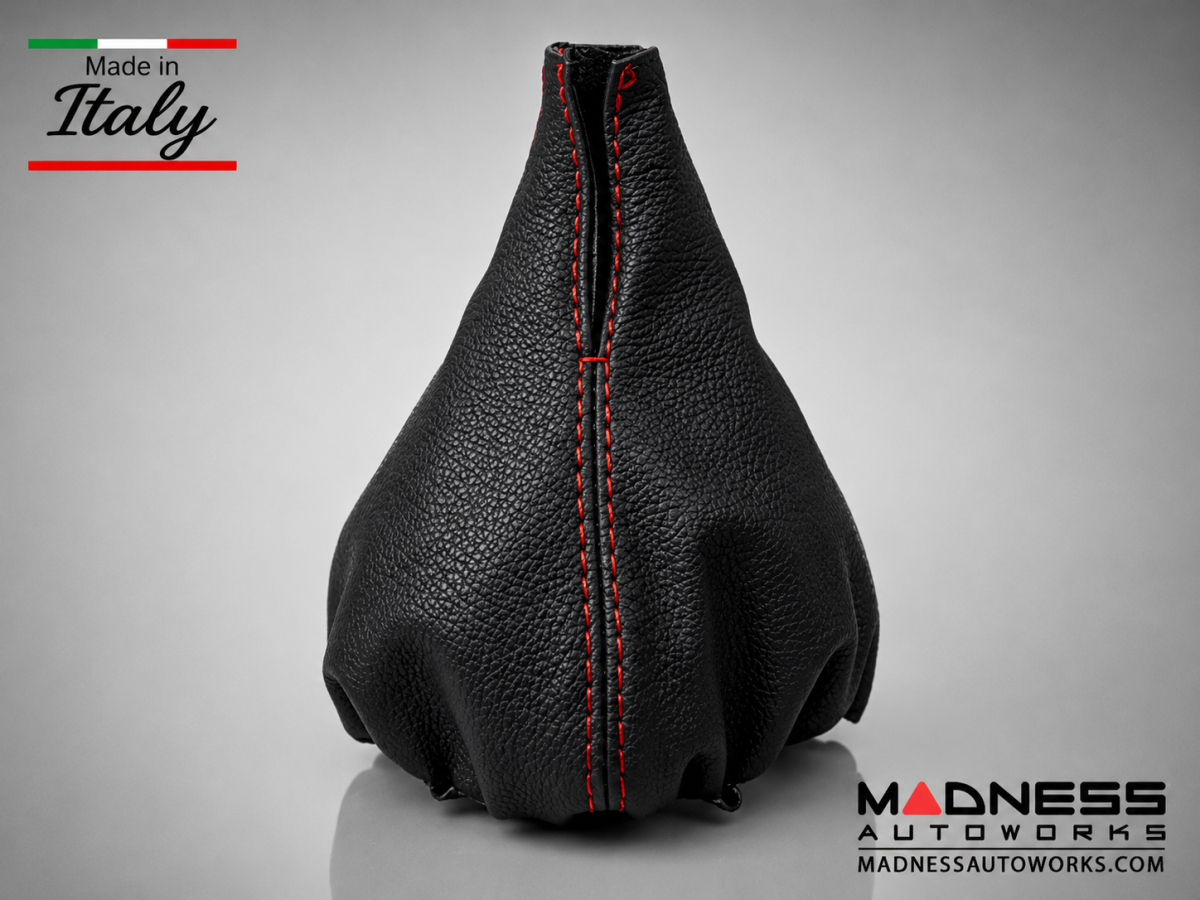 FIAT 500 Gear Shift Boot - Black Italy - Black Leather w/ Red Stitching + MADNESS Logo