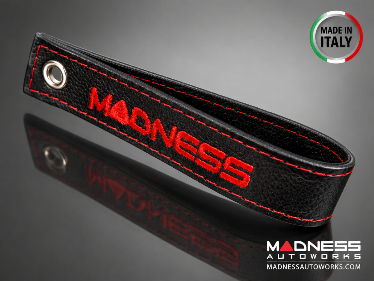FIAT 500 Trunk Handle / Pull Strap - Black Italy - Black w/ Red MADNESS Logo FIAT 500 Trunk Handle / Pull Strap - Black Italy - Black w/ Red MADNESS Logo