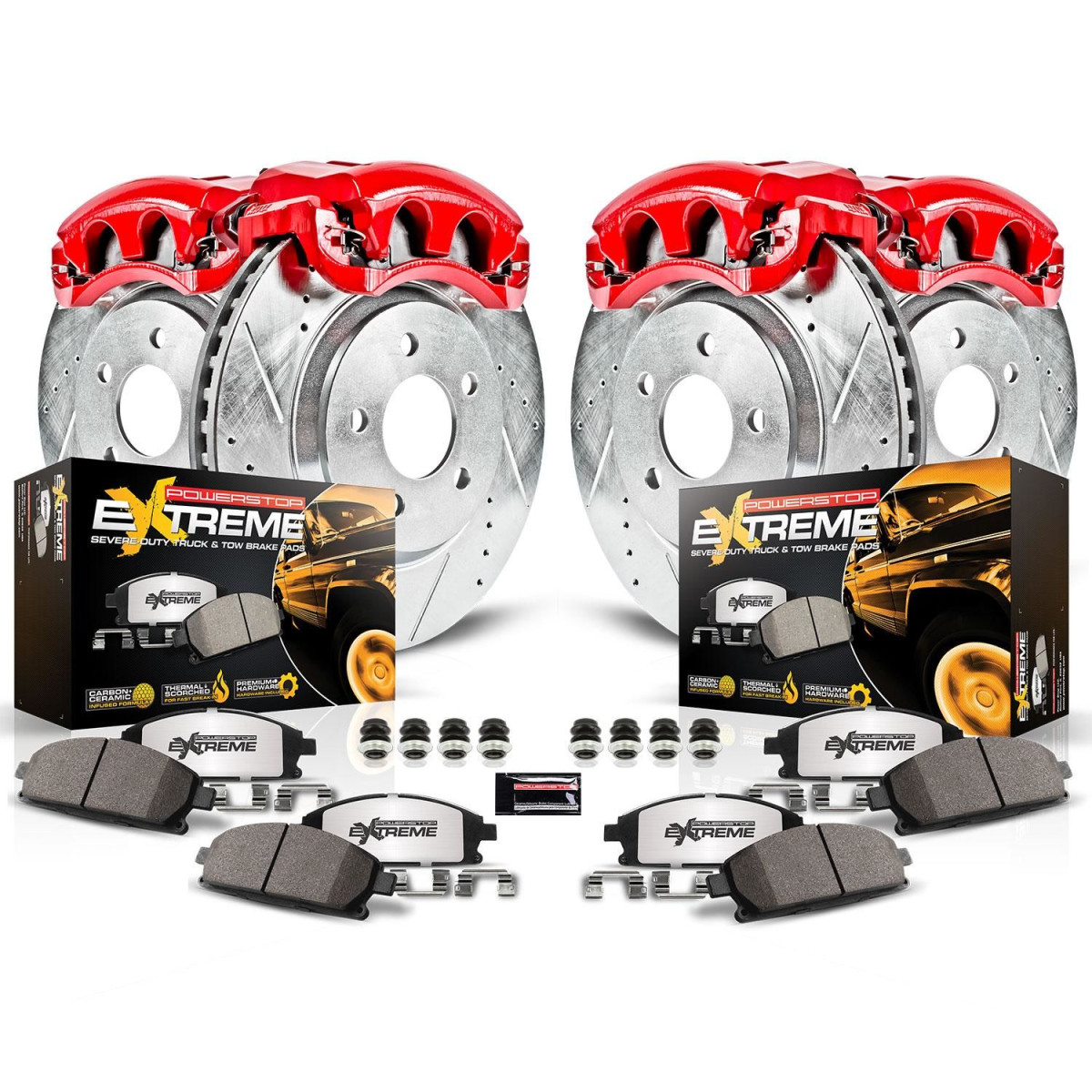 Fiat 500X Brake Kit - Front + Rear - PowerStop - Drilled & Slotted Rotors + Carbon-Fiber Ceramic Pads + Powder Coated Calipers - Red