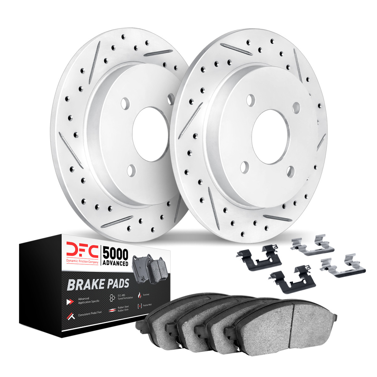 Fiat 500 Brake Kit - Rear - R1 Concepts - Drilled & Slotted Rotors + 5000 Advanced Brake Pads + Hardware - silver-gray