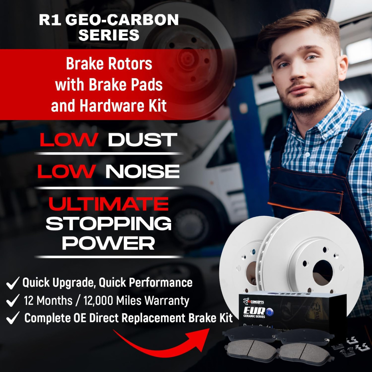 Fiat 500 Brake Kit - Front + Rear - R1 Concepts - Geo-Carbon Series Rotors + Euro Ceramic Pads - `12-`19