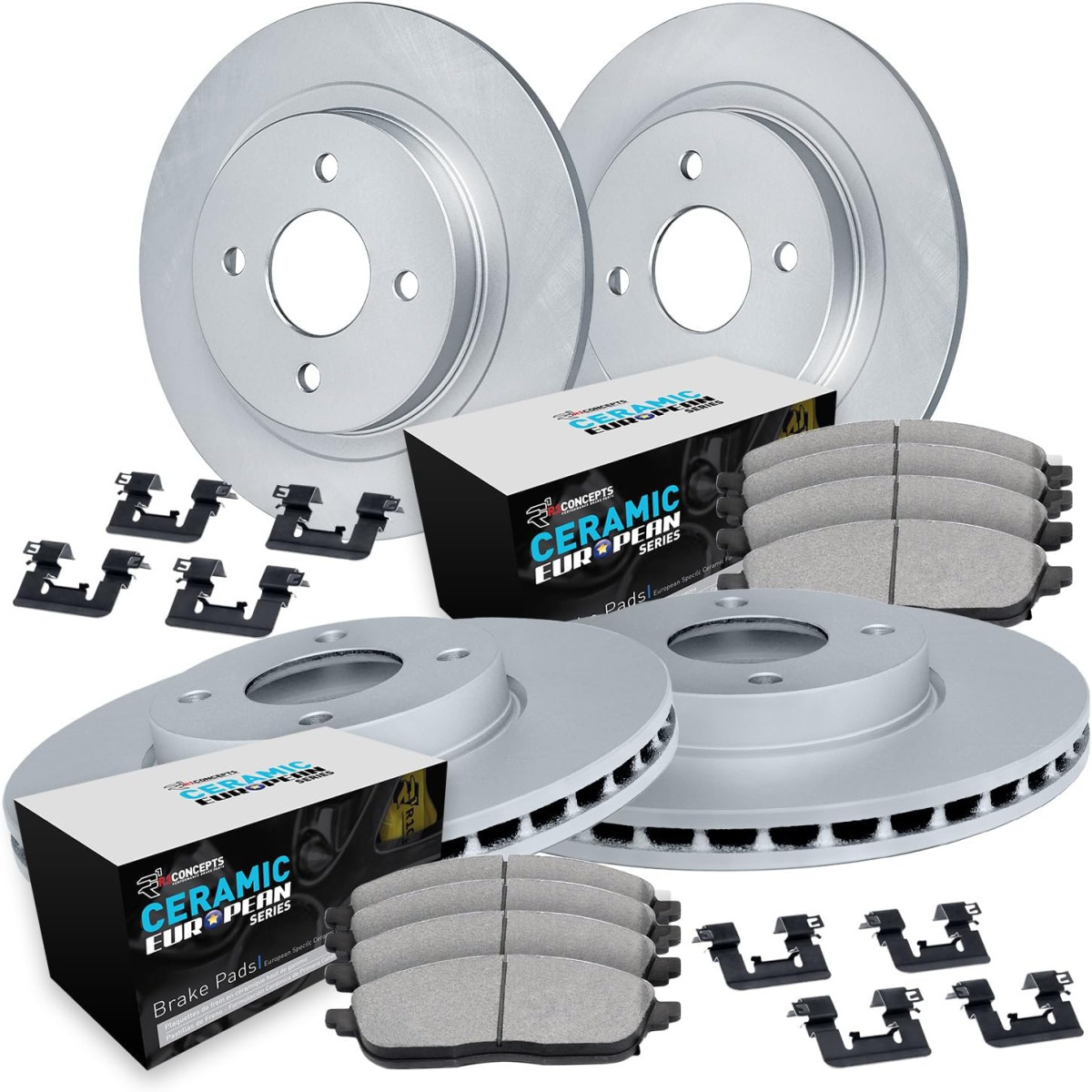 Fiat 500 Brake Kit - Front + Rear - R1 Concepts - Geo-Carbon Series Rotors + Euro Ceramic Pads - `12-`19