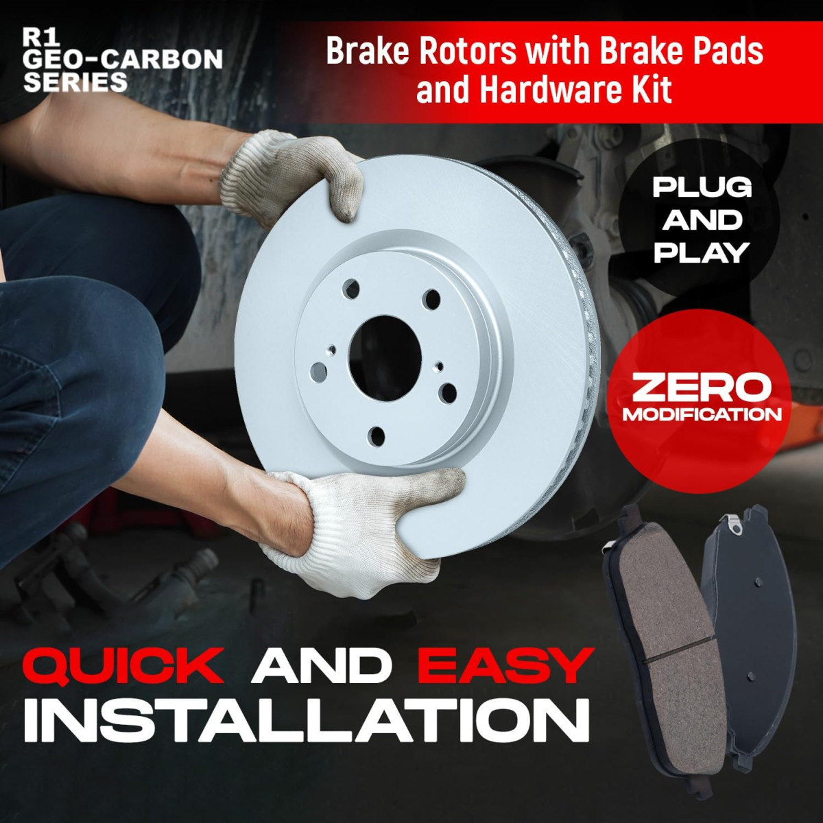 Fiat 500 Brake Kit - Front + Rear - R1 Concepts - Geo-Carbon Series Rotors + Euro Ceramic Pads - `12-`19