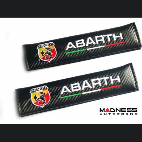 Seat Belt Shoulder Pads - set of 2 - Carbon Fiber look - Black w/ White ABARTH Logo