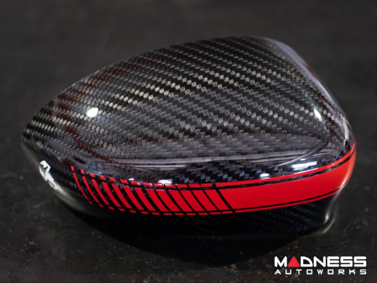 FIAT 500 Mirror Covers - Carbon Fiber - Red Racing Stripe w/ White Scorpion