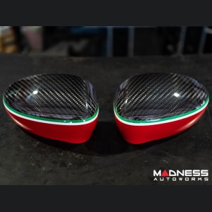 FIAT 500 Mirror Covers - Carbon Fiber - Red Lower Portion - Italian Racing Stripe w/ White Scorpion