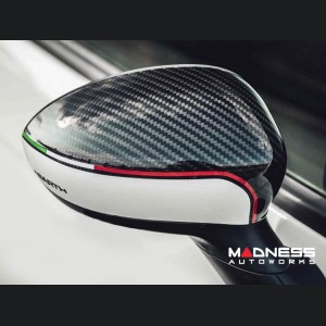 FIAT 500 Mirror Covers - Carbon Fiber - White w/ ABARTH + Italian Flag Design 