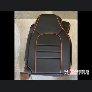 FIAT 500 Seat Covers - Front Seats - Custom Neoprene Design - ABARTH Model - Burnt Orange Piping + Arm Rest Covers - open box