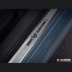 FIAT 500 Door Sills - Stainless Steel w/ Silver Carbon Fiber Inlays - 595 Turismo Logo