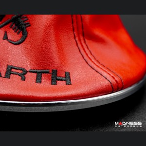 FIAT 500 Gear Shift Boot + Retaining Ring Set- Red EcoLeather w/ Black Stitching + ABARTH/ Scorpion Logos