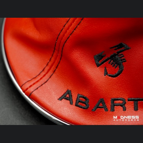 FIAT 500 Gear Shift Boot + Retaining Ring Set- Red EcoLeather w/ Black Stitching + ABARTH/ Scorpion Logos