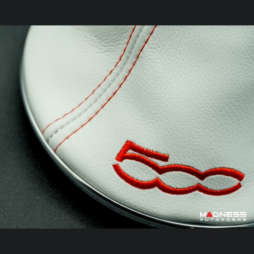 FIAT 500 Gear Shift Boot + Retaining Ring Set- White EcoLeather w/ Red Stitching + 500 Logo