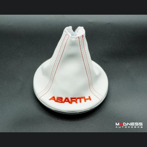 FIAT 500 Gear Shift Boot + Retaining Ring Set- White EcoLeather w/ Red Stitching + ABARTH Logo