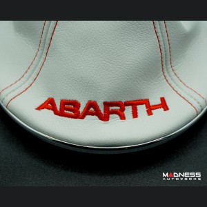FIAT 500 Gear Shift Boot + Retaining Ring Set- White EcoLeather w/ Red Stitching + ABARTH Logo