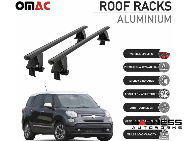 FIAT 500L Roof Rack Cross Bars - Smooth Roof - Black 