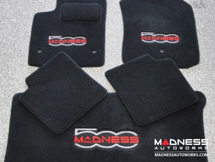 FIAT 500 Floor Mats - Premium Carpet - MADNESS - Front + Rear + Cargo Set - w/ Large 500 MADNESS Logo - w/ cut out for Bose