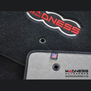 FIAT 500 Floor Mats - Premium Carpet - MADNESS - Front + Rear + Cargo Set - w/ Large 500 MADNESS Logo - w/ cut out for Bose