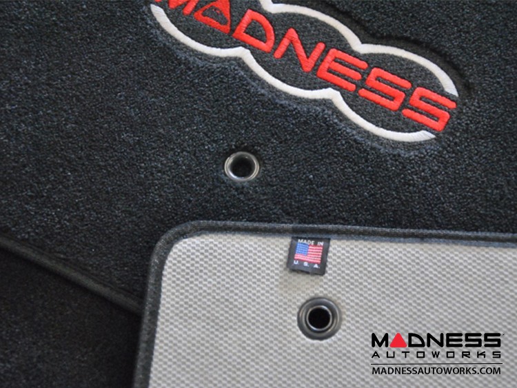 FIAT 500 Floor Mats - Premium Carpet - MADNESS - Front + Rear Set - w/ Large MADNESS Logo