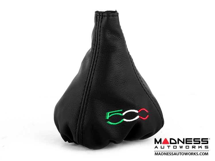 FIAT 500 Gear Shift Boot - Black Leather w/ Black Stitching and 500 Logo - Tricolore