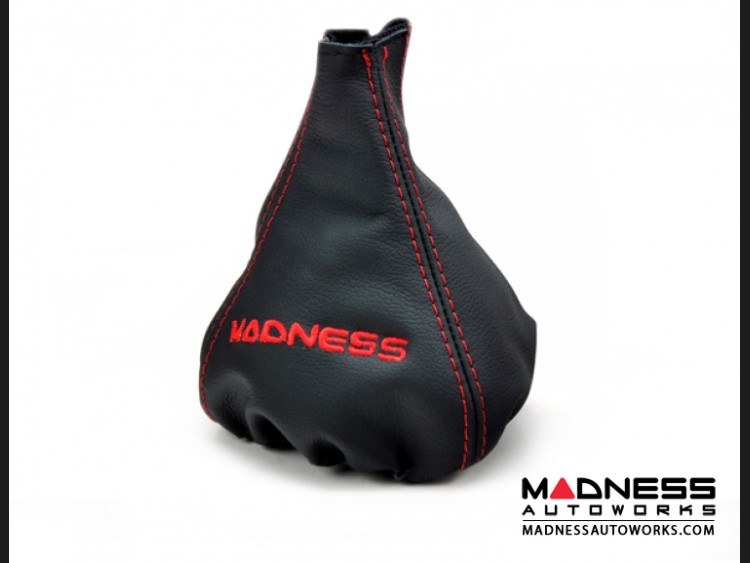 FIAT 500 Gear Shift Boot - Black Leather w/ Red Stitching and MADNESS Logo