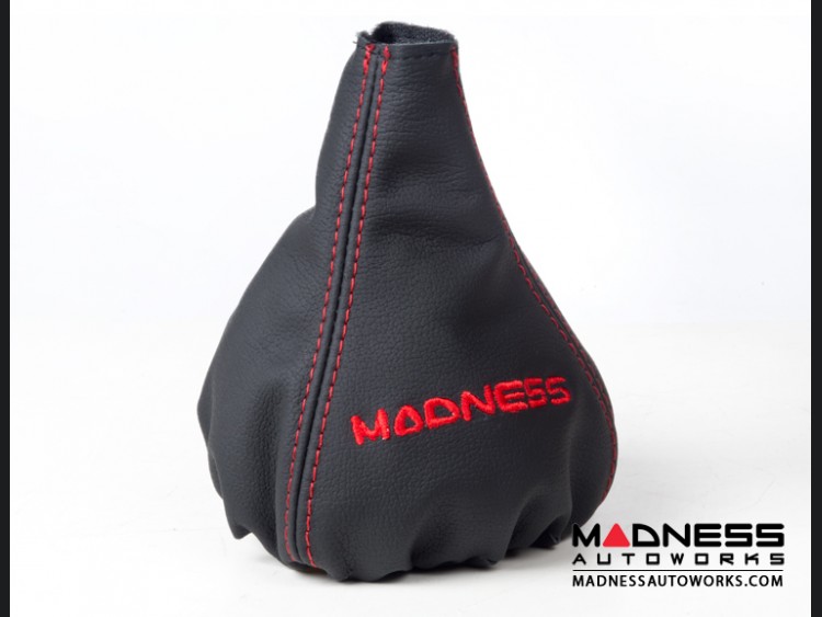 FIAT 500 Gear Shift Boot - Black Leather w/ Red Stitching and MADNESS Logo
