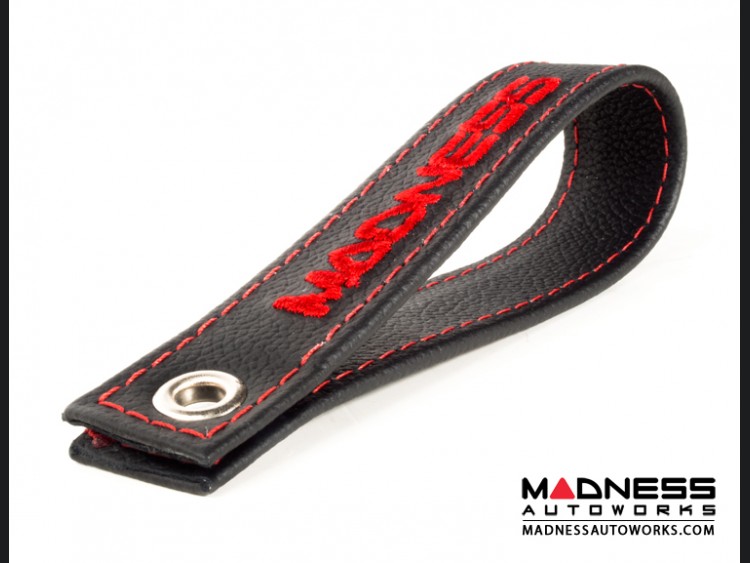 FIAT 500 Trunk Handle / Pull Strap - Black w/ Red Stitch + MADNESS Logo