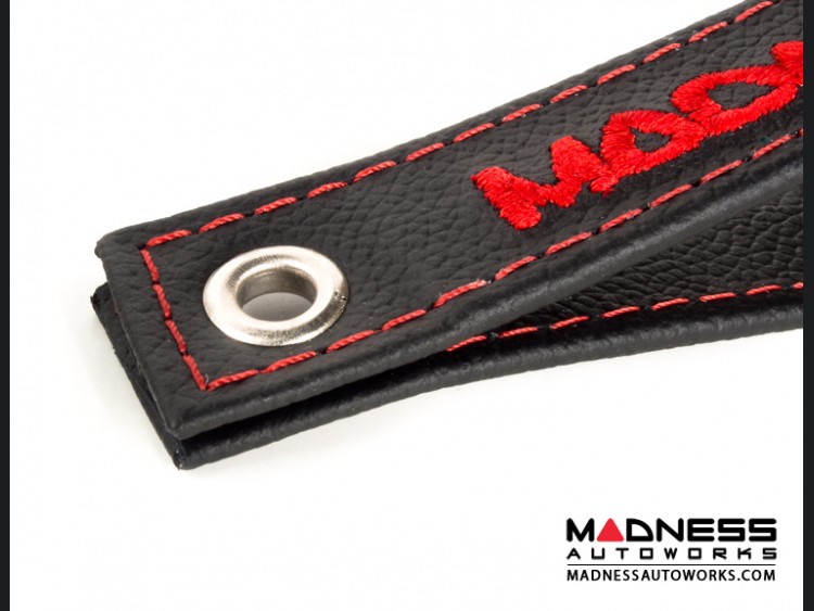 FIAT 500 Trunk Handle / Pull Strap - Black w/ Red Stitch + MADNESS Logo