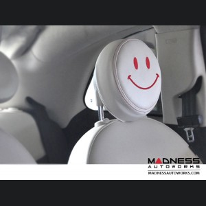 FIAT 500 Headrest Cover Set - Front - Ivory - Red Happy Face Design