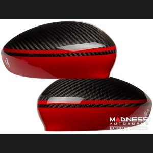 FIAT 500 Mirror Covers - Carbon Fiber - Red Racing Stripe w/ White Scorpion V3