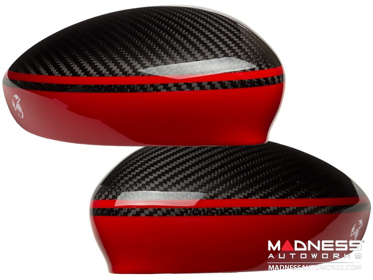FIAT 500 Mirror Covers - Carbon Fiber - Red Racing Stripe w/ White Scorpion V3