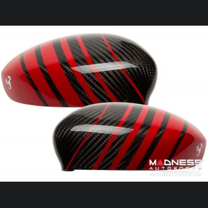 FIAT 500 Mirror Covers - Carbon Fiber - Red Racing Stripe w/ White Scorpion V2