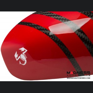 FIAT 500 Mirror Covers - Carbon Fiber - Red Racing Stripe w/ White Scorpion V2
