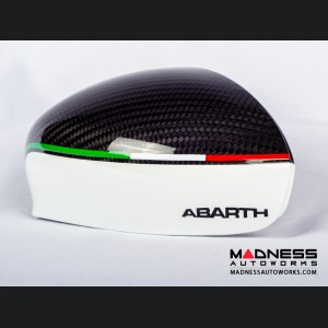 FIAT 500 Mirror Covers - Carbon Fiber - White w/ ABARTH + Italian Flag Design 