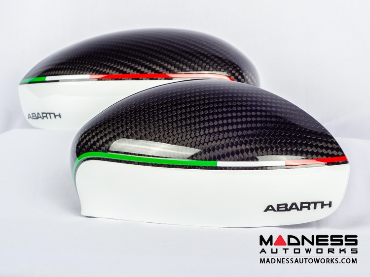 FIAT 500 Mirror Covers - Carbon Fiber - White w/ ABARTH + Italian Flag Design 