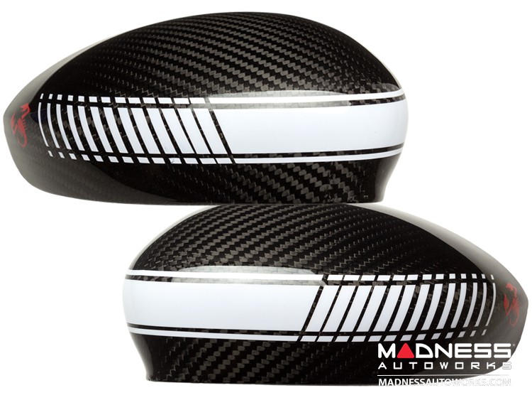 FIAT 500 Mirror Covers - Carbon Fiber - White Racing Stripe w/ Red Scorpion