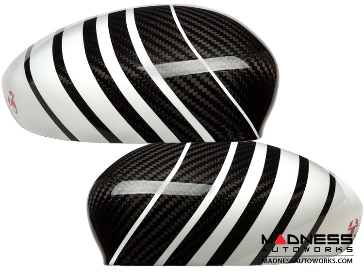 FIAT 500 Mirror Covers - Carbon Fiber - White Racing Stripe w/ Red Scorpion V2