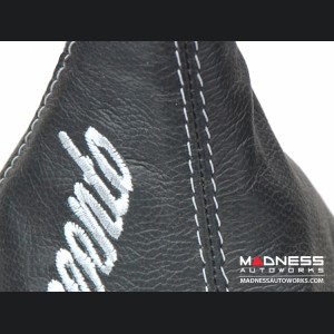FIAT 500 Gear Shift Boot  - Black Leather w/ Cinquecento Logo + Stitching in Silver