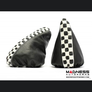 FIAT 500 Gear Shift Boot and eBrake Boot Set - Black Leather w/ White Checker Design 
