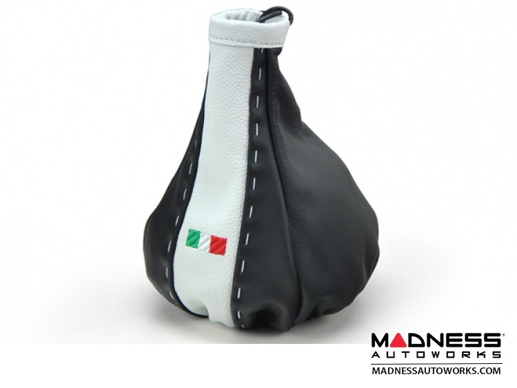 FIAT 500 Gear Shift Boot - Black and White Leather - Tuxedo Design w/ Italian Flag