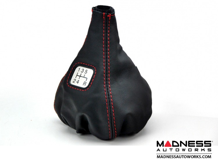 FIAT 500 Gear Shift Boot - Black Leather w/ Red Stitching and Gear Shift Pattern Emblem