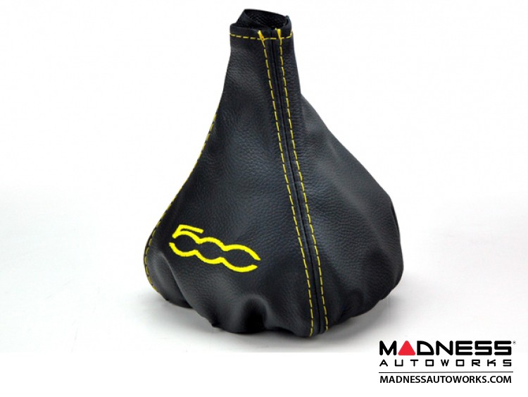 FIAT 500 Gear Shift Boot - Black Leather w/ Yellow Stitching + 500 Logo