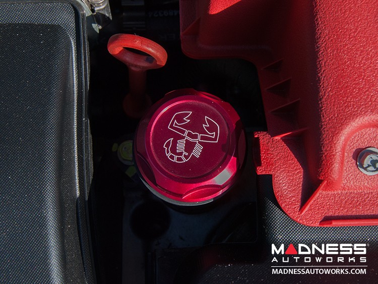FIAT 500 Oil Cap - Red Anodized Billet w/ Scorpion Logo