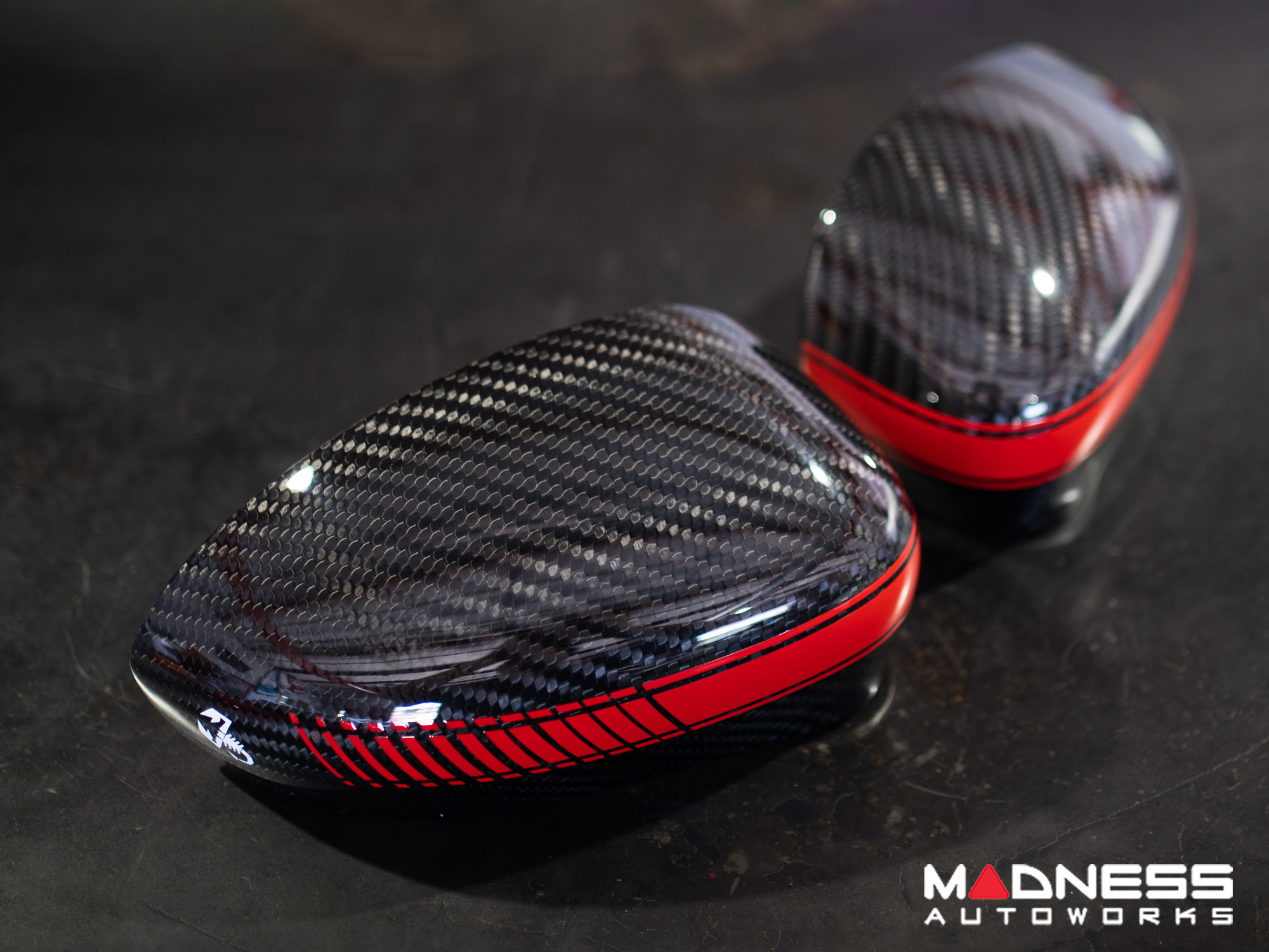 FIAT 500 Mirror Covers in Carbon Fiber - Red Racing Stripe w/ White Scorpion