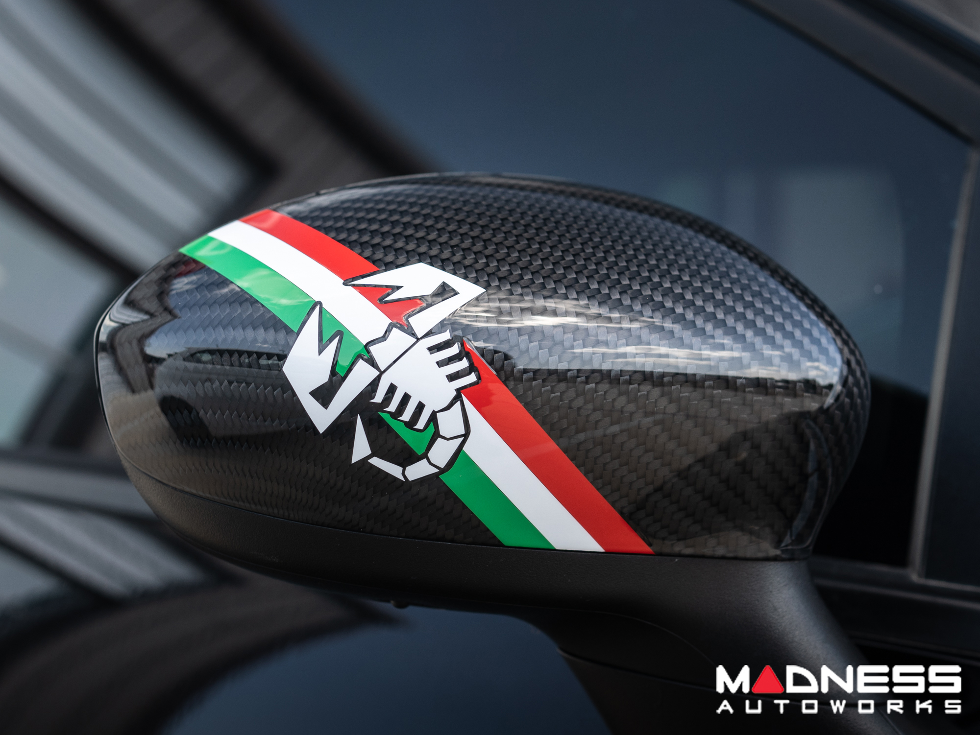 FIAT 500 Mirror Covers in Carbon Fiber - Italian Racing Stripe w/ White  Scorpion