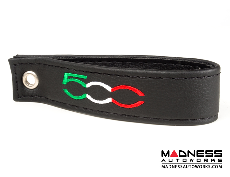 FIAT 500 Trunk Handle / Pull Strap - Black Italy - Black w/ Black Stitch + 500 Logo in Italian Colors