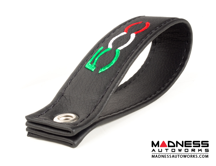 FIAT 500 Trunk Handle / Pull Strap - Black Italy - Black w/ Black Stitch + 500 Logo in Italian Colors