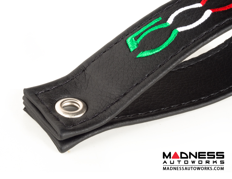 FIAT 500 Trunk Handle / Pull Strap - Black Italy - Black w/ Black Stitch + 500 Logo in Italian Colors